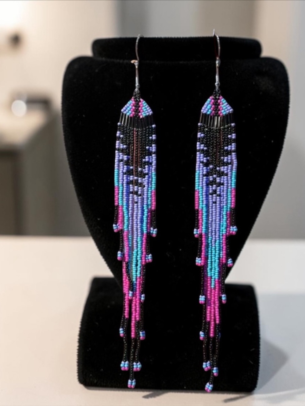 Long Multicoloured Gradient patterned beaded tassel earrings. New.